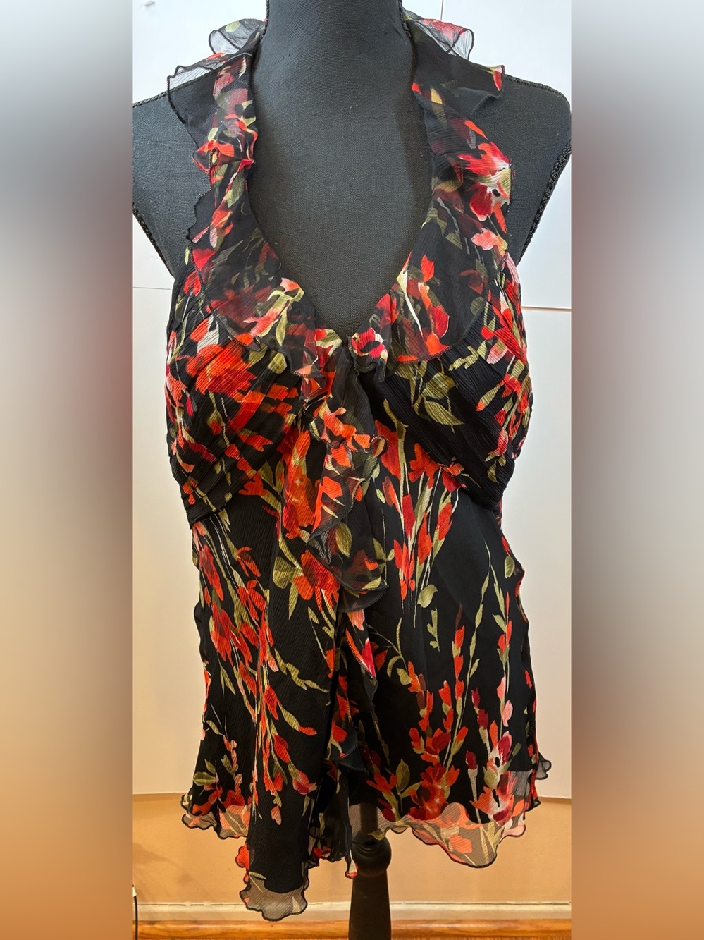 Spenser Jeremy Black Halter Floral Sleeveless Ruffle V-Neck Pullover Top NWT XL